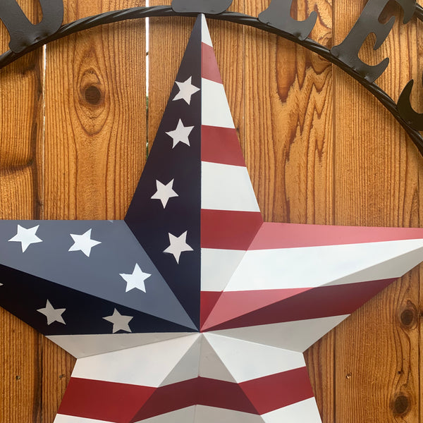 GOD BLESS OUR HOME USA FLAG STAR METAL BARN STAR TWISTED ROPE RING WALL ART WESTERN HOME DECOR RUSTIC RED WHITE & BLUE WITH BLACK RING HANDMADE NEW