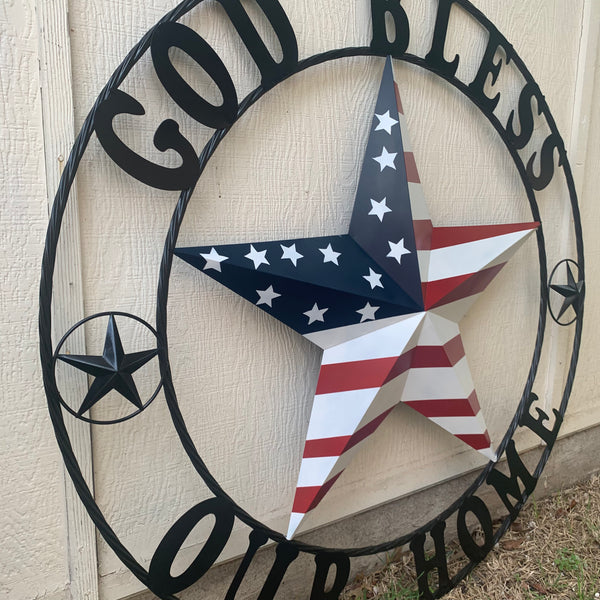 GOD BLESS OUR HOME USA FLAG STAR METAL BARN STAR TWISTED ROPE RING WALL ART WESTERN HOME DECOR RUSTIC RED WHITE & BLUE WITH BLACK RING HANDMADE NEW