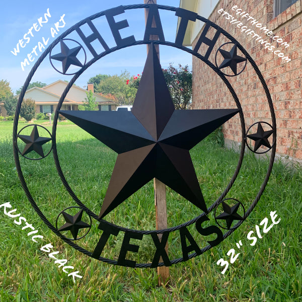 HEATH TEXAS STYLE CUSTOM STAR NAME BARN METAL STAR 3d TWISTED ROPE RING WESTERN HOME DECOR HANDMADE RUSTIC BLACK 24",32",34",36",40",42",44",46",50"