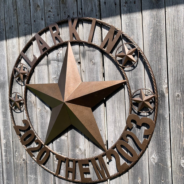 LARKIN STYLE CUSTOM STAR NAME BARN METAL STAR 3d TWISTED ROPE RING WESTERN HOME DECOR RUSTIC  BRONZE HANDMADE 24",32",34",36",40",42",44",46",50"