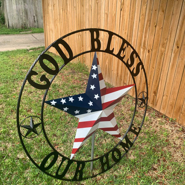 GOD BLESS OUR HOME USA FLAG STAR METAL BARN STAR TWISTED ROPE RING WALL ART WESTERN HOME DECOR RUSTIC RED WHITE & BLUE WITH BLACK RING HANDMADE NEW