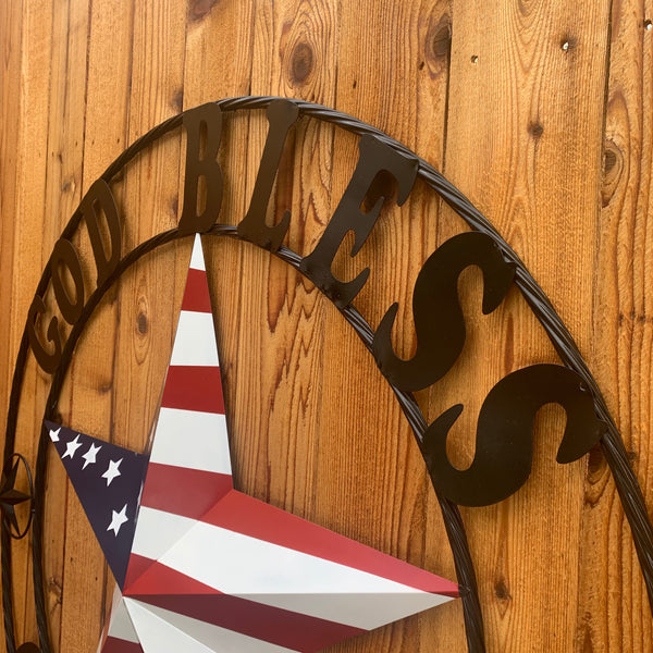 GOD BLESS OUR HOME USA FLAG STAR METAL BARN STAR TWISTED ROPE RING WALL ART WESTERN HOME DECOR RUSTIC RED WHITE & BLUE WITH BLACK RING HANDMADE NEW