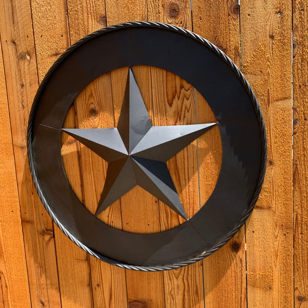 36" RUSTIC BLACK LONE STAR WIDE BAND RING TWISTED ROPE RING 3d METAL STAR WALL ART WESTERN HOME DECOR HANDMADE NEW #EH11879