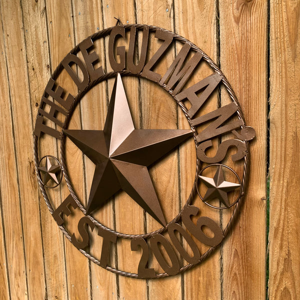 GUZMAN STYLE CUSTOM STAR NAME BARN METAL STAR 3d TWISTED ROPE RING WESTERN HOME DECOR RUSTIC  BRONZE HANDMADE 24",32",34",36",40",42",44",46",50"