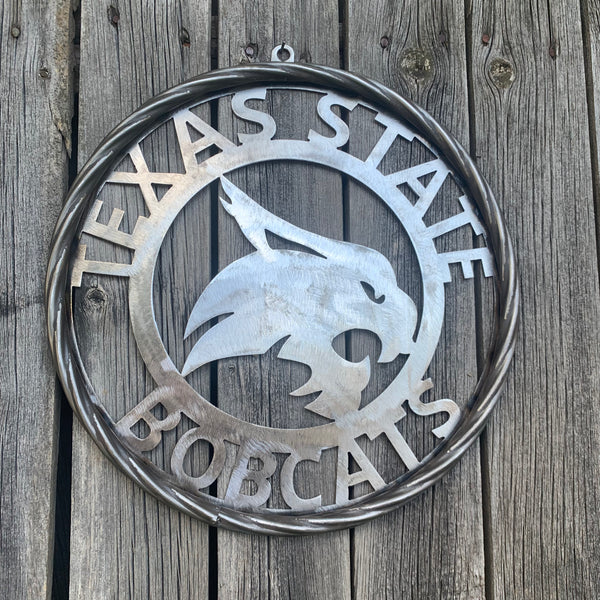 12" TEXAS STATE BOBCATS CUSTOM RAW METAL VINTAGE CRAFT SIGN TEAM ART HANDMADE IN TEXAS