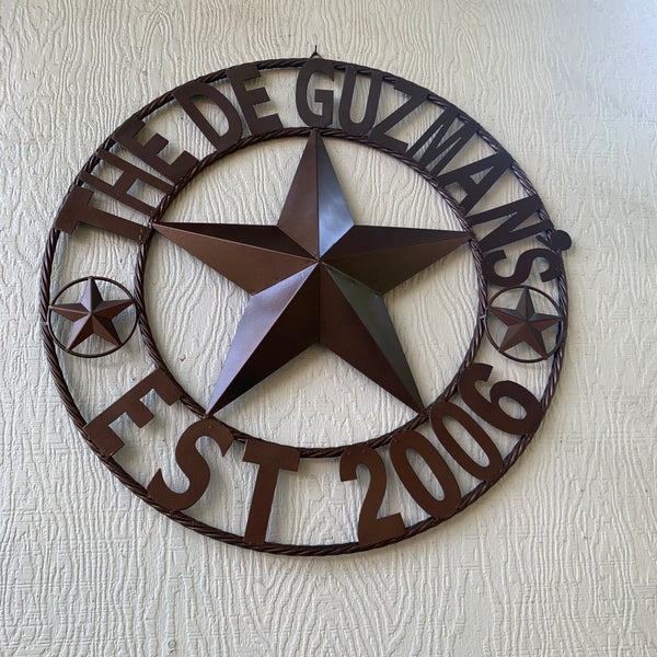 GUZMAN STYLE CUSTOM STAR NAME BARN METAL STAR 3d TWISTED ROPE RING WESTERN HOME DECOR RUSTIC  BRONZE HANDMADE 24",32",34",36",40",42",44",46",50"