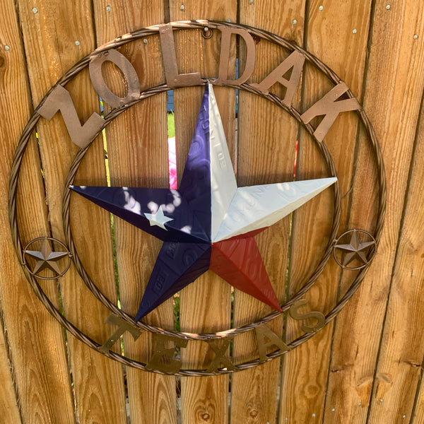 ZOLDAK TEXAS TX LICENSE PLATE STAR STYLE CUSTOM NAME STAR WITH TWISTED ROPE RING METAL WALL ART WESTERN HOME DECOR HANDMADE