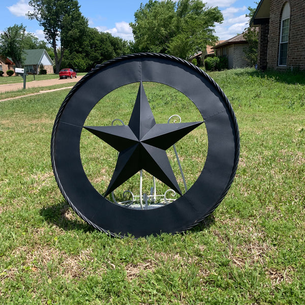 36" RUSTIC BLACK LONE STAR WIDE BAND RING TWISTED ROPE RING 3d METAL STAR WALL ART WESTERN HOME DECOR HANDMADE NEW #EH11879
