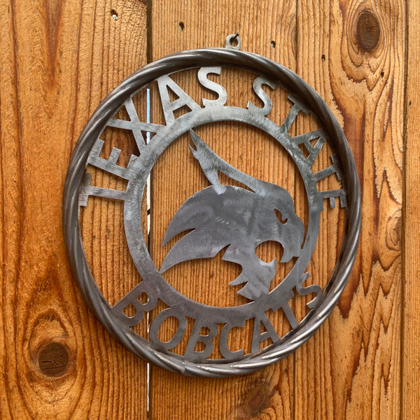 12" TEXAS STATE BOBCATS CUSTOM RAW METAL VINTAGE CRAFT SIGN TEAM ART HANDMADE IN TEXAS