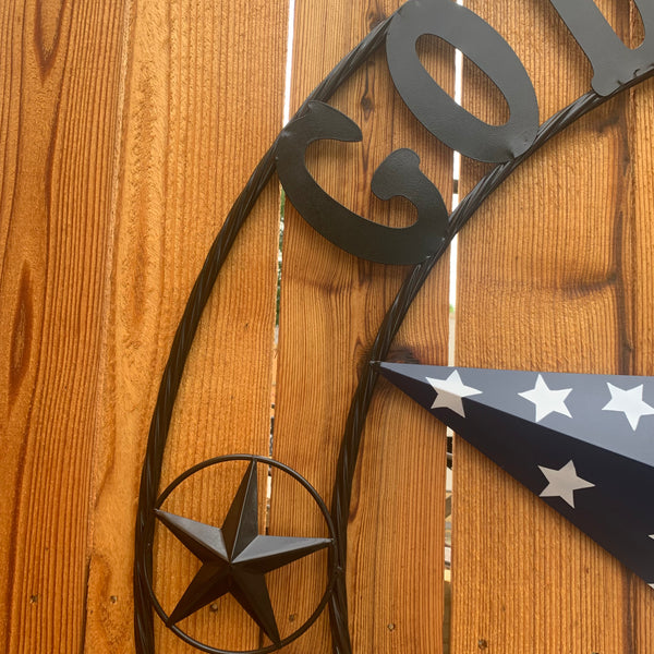 GOD BLESS OUR HOME USA FLAG STAR METAL BARN STAR TWISTED ROPE RING WALL ART WESTERN HOME DECOR RUSTIC RED WHITE & BLUE WITH BLACK RING HANDMADE NEW