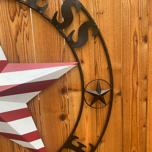 GOD BLESS OUR HOME USA FLAG STAR METAL BARN STAR TWISTED ROPE RING WALL ART WESTERN HOME DECOR RUSTIC RED WHITE & BLUE WITH BLACK RING HANDMADE NEW
