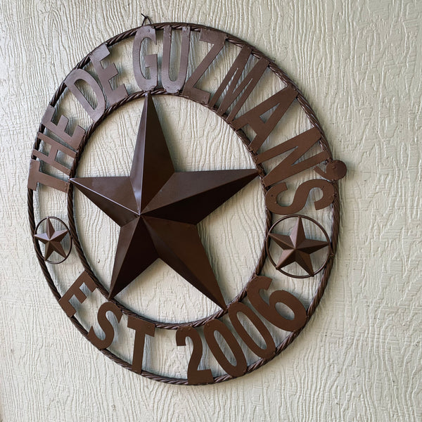 GUZMAN STYLE CUSTOM STAR NAME BARN METAL STAR 3d TWISTED ROPE RING WESTERN HOME DECOR RUSTIC  BRONZE HANDMADE 24",32",34",36",40",42",44",46",50"