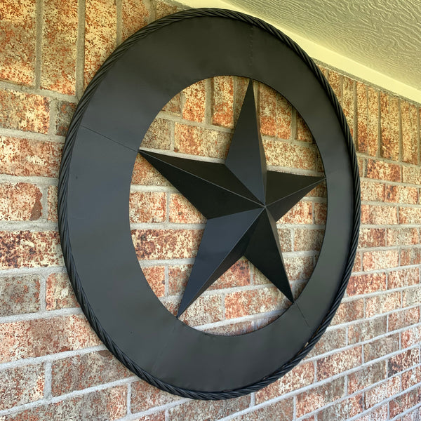 36" RUSTIC BLACK LONE STAR WIDE BAND RING TWISTED ROPE RING METAL STAR WALL ART WESTERN HOME DECOR HANDMADE NEW