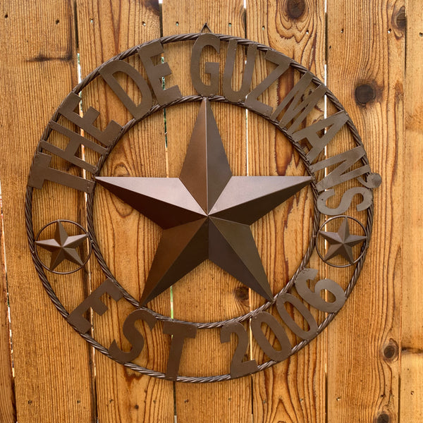 GUZMAN STYLE CUSTOM STAR NAME BARN METAL STAR 3d TWISTED ROPE RING WESTERN HOME DECOR RUSTIC  BRONZE HANDMADE 24",32",34",36",40",42",44",46",50"