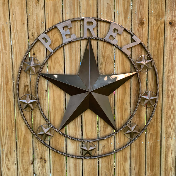 PEREZ CUSTOM STAR NAME BARN METAL STAR 3d TWISTED ROPE RING WESTERN HOME DECOR RUSTIC  BRONZE HANDMADE 24",32",34",36",40",42",44",46",50"