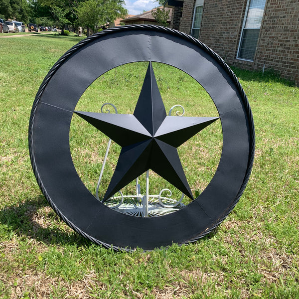 36" RUSTIC BLACK LONE STAR WIDE BAND RING TWISTED ROPE RING 3d METAL STAR WALL ART WESTERN HOME DECOR HANDMADE NEW #EH11879