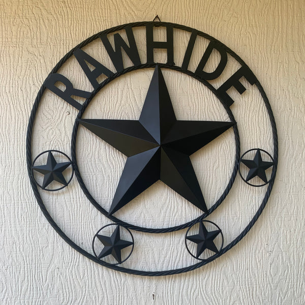 RAWHIDE STYLE CUSTOM STAR RUSTIC BLACK NAME BARN METAL STAR 3d TWISTED ROPE RING WESTERN HOME DECOR HANDMADE