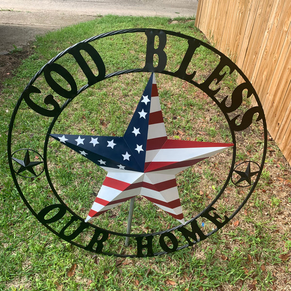 GOD BLESS OUR HOME USA FLAG STAR METAL BARN STAR TWISTED ROPE RING WALL ART WESTERN HOME DECOR RUSTIC RED WHITE & BLUE WITH BLACK RING HANDMADE NEW