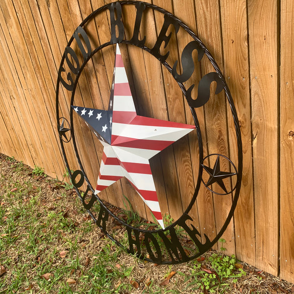 GOD BLESS OUR HOME USA FLAG STAR METAL BARN STAR TWISTED ROPE RING WALL ART WESTERN HOME DECOR RUSTIC RED WHITE & BLUE WITH BLACK RING HANDMADE NEW