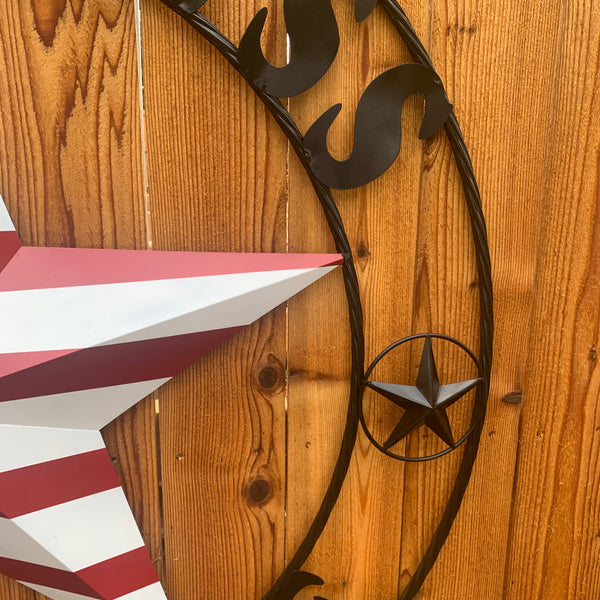 GOD BLESS OUR HOME USA FLAG STAR METAL BARN STAR TWISTED ROPE RING WALL ART WESTERN HOME DECOR RUSTIC RED WHITE & BLUE WITH BLACK RING HANDMADE NEW