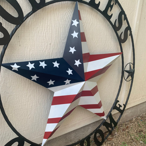GOD BLESS OUR HOME USA FLAG STAR METAL BARN STAR TWISTED ROPE RING WALL ART WESTERN HOME DECOR RUSTIC RED WHITE & BLUE WITH BLACK RING HANDMADE NEW