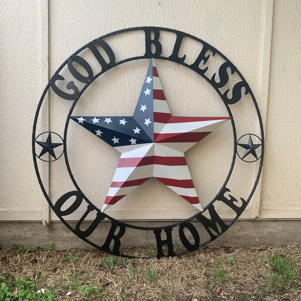 GOD BLESS OUR HOME USA FLAG STAR METAL BARN STAR TWISTED ROPE RING WALL ART WESTERN HOME DECOR RUSTIC RED WHITE & BLUE WITH BLACK RING HANDMADE NEW