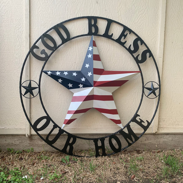 GOD BLESS OUR HOME USA FLAG STAR METAL BARN STAR TWISTED ROPE RING WALL ART WESTERN HOME DECOR RUSTIC RED WHITE & BLUE STAR ART NEW HANDMADE