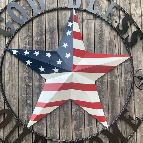 GOD BLESS OUR HOME USA FLAG STAR METAL BARN STAR TWISTED ROPE RING WALL ART WESTERN HOME DECOR RUSTIC RED WHITE & BLUE WITH BLACK RING HANDMADE NEW