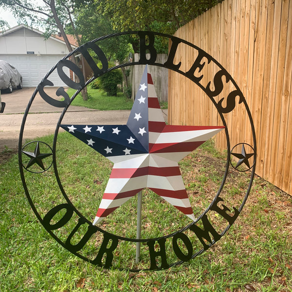 GOD BLESS OUR HOME USA FLAG STAR METAL BARN STAR TWISTED ROPE RING WALL ART WESTERN HOME DECOR RUSTIC RED WHITE & BLUE WITH BLACK RING HANDMADE NEW