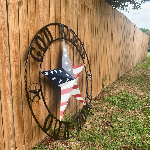 GOD BLESS OUR HOME USA FLAG STAR METAL BARN STAR TWISTED ROPE RING WALL ART WESTERN HOME DECOR RUSTIC RED WHITE & BLUE WITH BLACK RING HANDMADE NEW