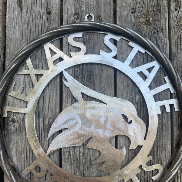 12" TEXAS STATE BOBCATS CUSTOM RAW METAL VINTAGE CRAFT SIGN TEAM ART HANDMADE IN TEXAS