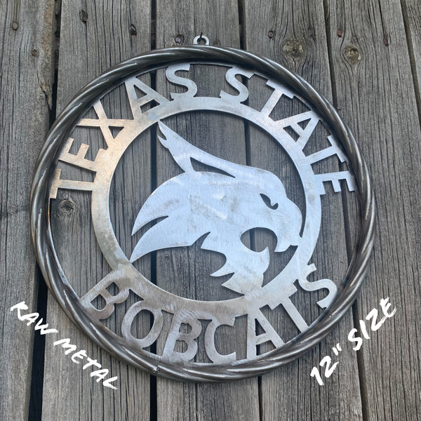 12" TEXAS STATE BOBCATS CUSTOM RAW METAL VINTAGE CRAFT SIGN TEAM ART HANDMADE IN TEXAS