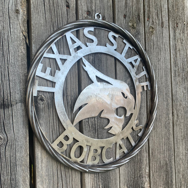 12" TEXAS STATE BOBCATS CUSTOM RAW METAL VINTAGE CRAFT SIGN TEAM ART HANDMADE IN TEXAS