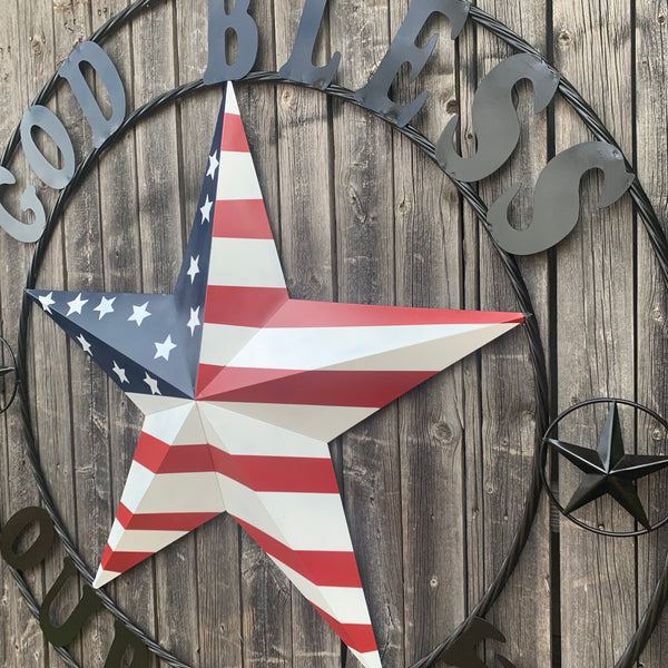 GOD BLESS OUR HOME USA FLAG STAR METAL BARN STAR TWISTED ROPE RING WALL ART WESTERN HOME DECOR RUSTIC RED WHITE & BLUE WITH BLACK RING HANDMADE NEW