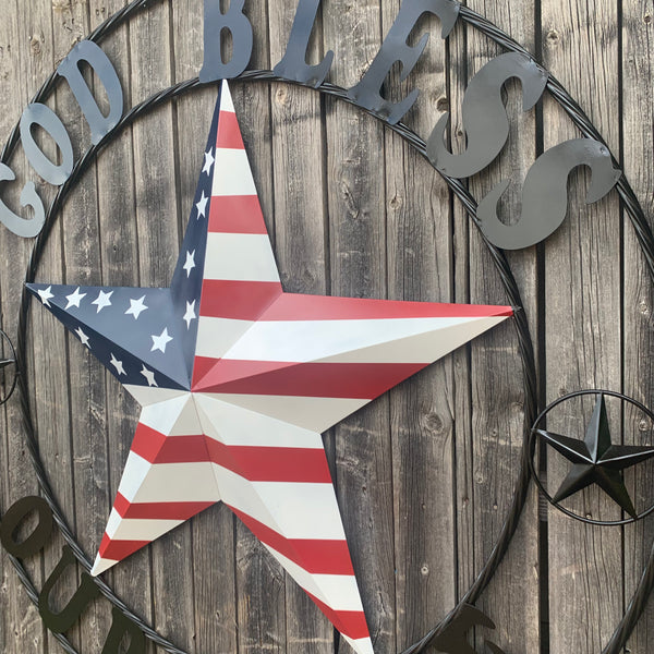 GOD BLESS OUR HOME USA FLAG STAR METAL BARN STAR TWISTED ROPE RING WALL ART WESTERN HOME DECOR RUSTIC RED WHITE & BLUE STAR ART NEW HANDMADE