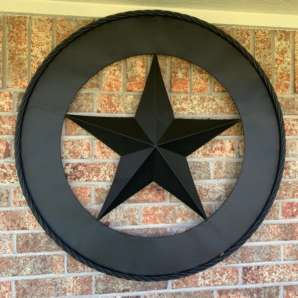 36" RUSTIC BLACK LONE STAR WIDE BAND RING TWISTED ROPE RING METAL STAR WALL ART WESTERN HOME DECOR HANDMADE NEW