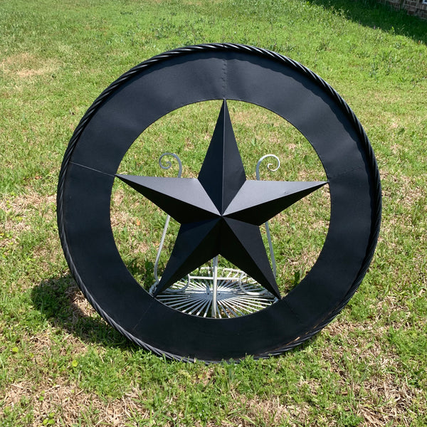 36" RUSTIC BLACK LONE STAR WIDE BAND RING TWISTED ROPE RING METAL STAR WALL ART WESTERN HOME DECOR HANDMADE NEW