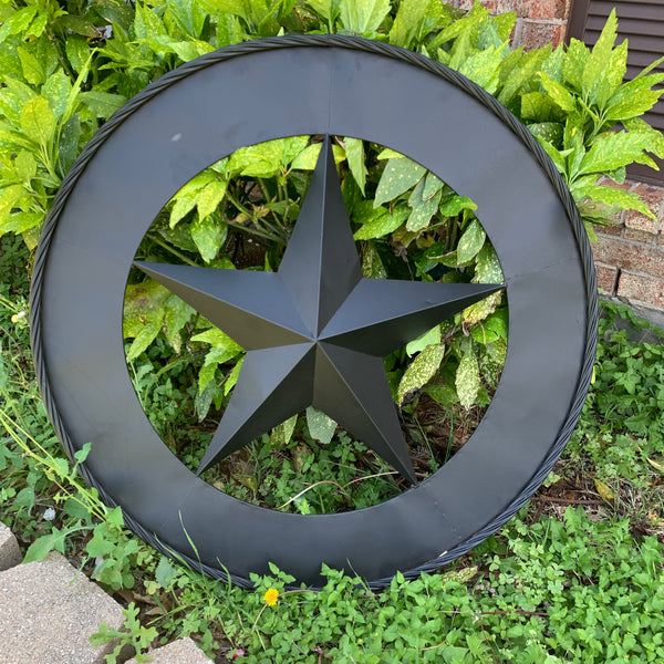36" RUSTIC BLACK LONE STAR WIDE BAND RING TWISTED ROPE RING 3d METAL STAR WALL ART WESTERN HOME DECOR HANDMADE NEW #EH11879