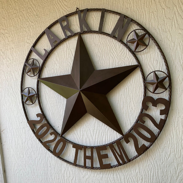 LARKIN STYLE CUSTOM STAR NAME BARN METAL STAR 3d TWISTED ROPE RING WESTERN HOME DECOR RUSTIC  BRONZE HANDMADE 24",32",34",36",40",42",44",46",50"