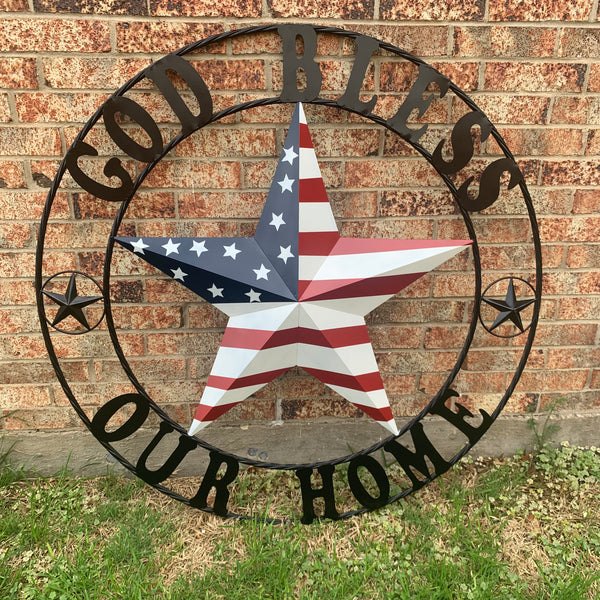 GOD BLESS OUR HOME USA FLAG STAR METAL BARN STAR TWISTED ROPE RING WALL ART WESTERN HOME DECOR RUSTIC RED WHITE & BLUE WITH BLACK RING HANDMADE NEW