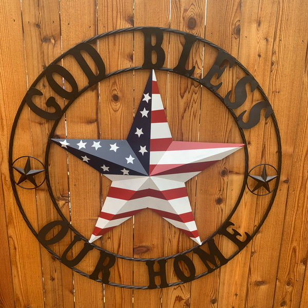 GOD BLESS OUR HOME USA FLAG STAR METAL BARN STAR TWISTED ROPE RING WALL ART WESTERN HOME DECOR RUSTIC RED WHITE & BLUE WITH BLACK RING HANDMADE NEW
