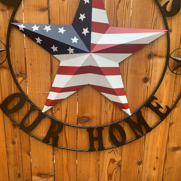 GOD BLESS OUR HOME USA FLAG STAR METAL BARN STAR TWISTED ROPE RING WALL ART WESTERN HOME DECOR RUSTIC RED WHITE & BLUE WITH BLACK RING HANDMADE NEW