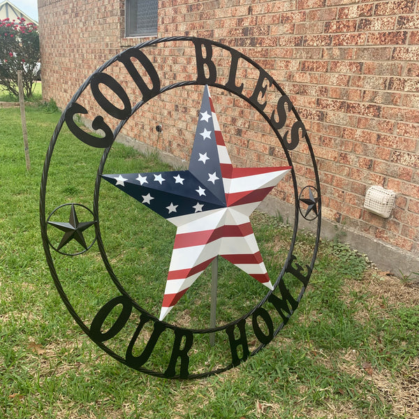 GOD BLESS OUR HOME USA FLAG STAR METAL BARN STAR TWISTED ROPE RING WALL ART WESTERN HOME DECOR RUSTIC RED WHITE & BLUE WITH BLACK RING HANDMADE NEW