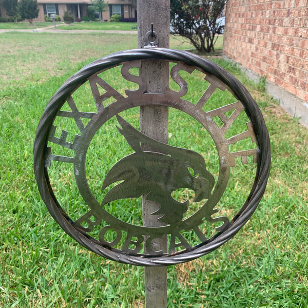 12" TEXAS STATE BOBCATS CUSTOM RAW METAL VINTAGE CRAFT SIGN TEAM ART HANDMADE IN TEXAS