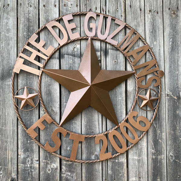 GUZMAN STYLE CUSTOM STAR NAME BARN METAL STAR 3d TWISTED ROPE RING WESTERN HOME DECOR RUSTIC  BRONZE HANDMADE 24",32",34",36",40",42",44",46",50"