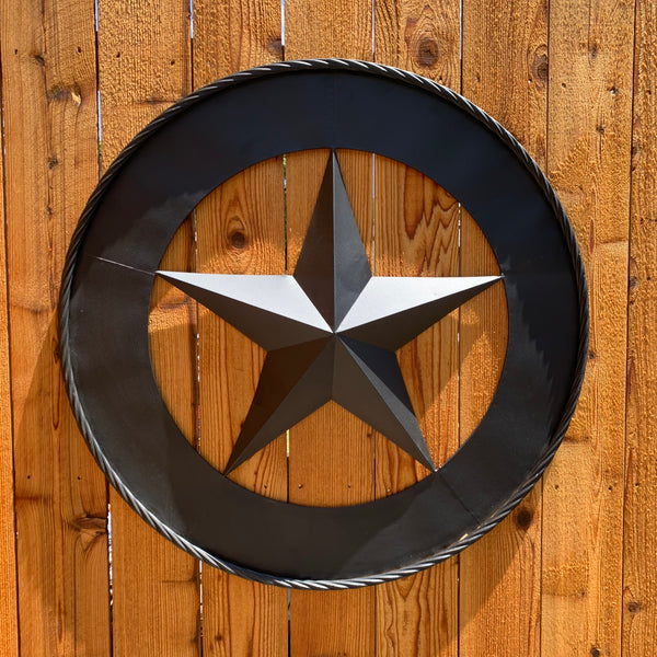 36" RUSTIC BLACK LONE STAR WIDE BAND RING TWISTED ROPE RING 3d METAL STAR WALL ART WESTERN HOME DECOR HANDMADE NEW #EH11879