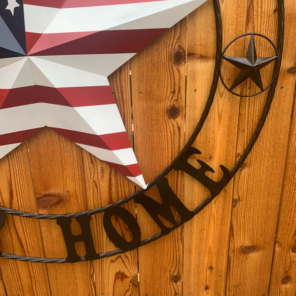 GOD BLESS OUR HOME USA FLAG STAR METAL BARN STAR TWISTED ROPE RING WALL ART WESTERN HOME DECOR RUSTIC RED WHITE & BLUE WITH BLACK RING HANDMADE NEW