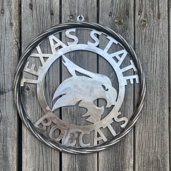 12" TEXAS STATE BOBCATS CUSTOM RAW METAL VINTAGE CRAFT SIGN TEAM ART HANDMADE IN TEXAS