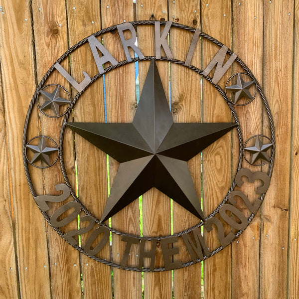 LARKIN STYLE CUSTOM STAR NAME BARN METAL STAR 3d TWISTED ROPE RING WESTERN HOME DECOR RUSTIC  BRONZE HANDMADE 24",32",34",36",40",42",44",46",50"