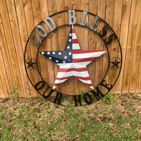 GOD BLESS OUR HOME USA FLAG STAR METAL BARN STAR TWISTED ROPE RING WALL ART WESTERN HOME DECOR RUSTIC RED WHITE & BLUE WITH BLACK RING HANDMADE NEW